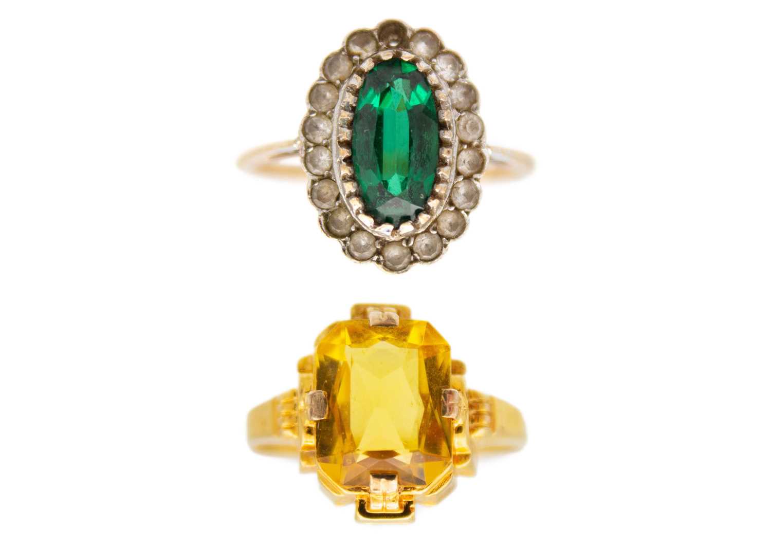 Lot 28 - A 9ct gold green synthetic spinel and white stone cluster ring and another 10ct paste set ring.