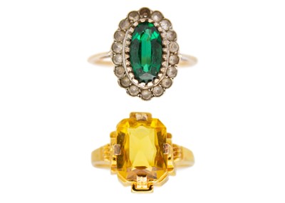 Lot 28 - A 9ct gold green synthetic spinel and white stone cluster ring and another 10ct paste set ring.