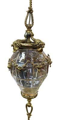 Lot 577 - A French lacquered brass hanging stairway lantern.