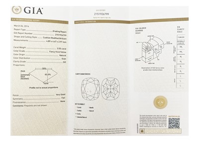 Lot 38 - A 0.55ct cushion cut natural fancy vivid yellow SI2 diamond with GIA certificate.