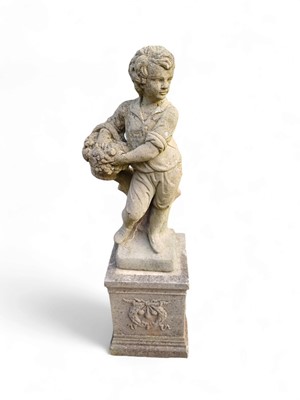 Lot 828 - A reconstituted stone figure of a boy with a basket of flowers raised on a square plinth.