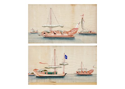 Lot 50 - A pair of Chinese pith paper paintings depicting junks, 19th century.