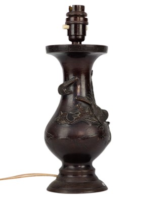 Lot 52 - A Japanese bronze vase, converted to a table lamp, Meiji period.