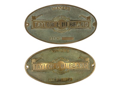 Lot 541 - Two oval brass railway crane makers plaques, Taylor & Hubbard Ltd.