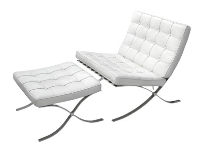 Lot 424 - After Mies Van der Rohe, a white leather Barcelona chair and stool.