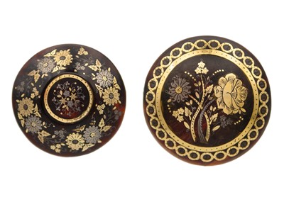 Lot 115 - Two Victorian pique gold and silver inlaid tortoiseshell circular brooches.