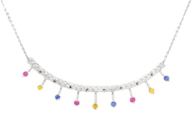 Lot 118 - A delicate modern 18ct white gold diamond and multi-colour sapphire fringe necklace by Martin & Martin.