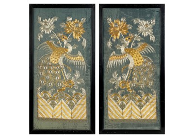 Lot 137 - A pair of Chinese silk and metal thread panels, circa 1900.