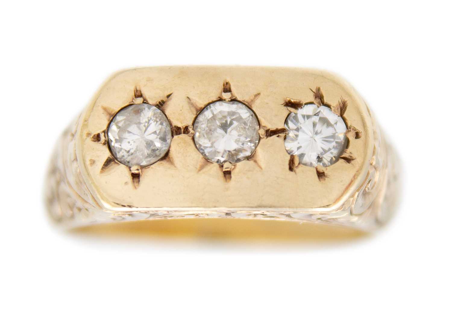 Gypsy Style Rings Lot 237 - A heavy 9ct diamond three-stone gentleman's