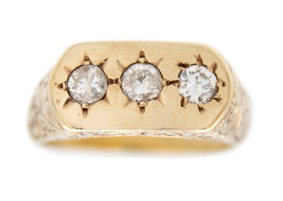 Lot 237 - A heavy 9ct diamond three-stone gentleman's gypsy ring.