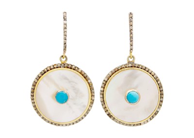 Lot 141 - A pair of turquoise, mother of pearl and diamond set pendant earrings.