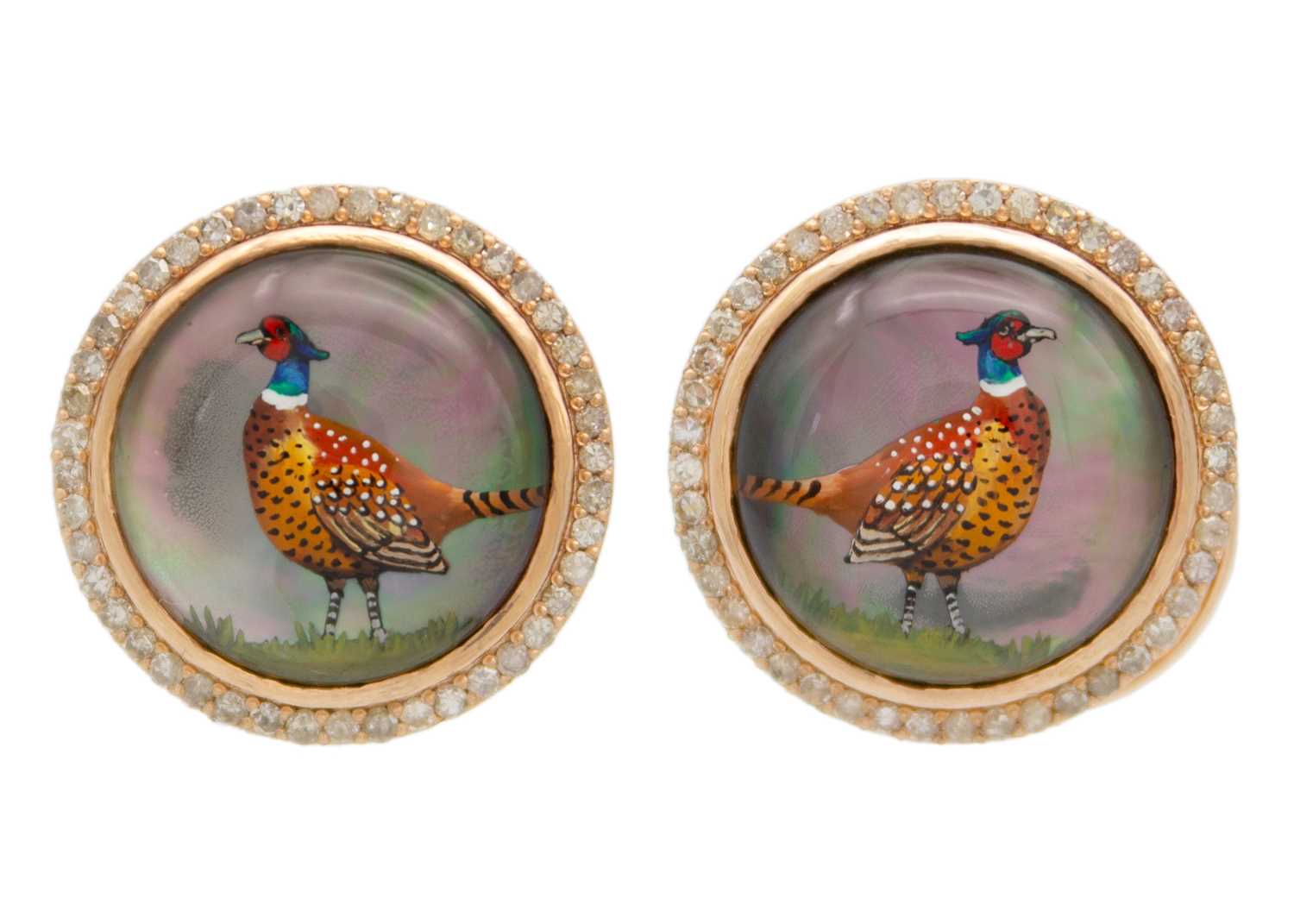 Lot 142 - A good pair of modern Essex Crystal style diamond set Pheasant cufflinks set in 14ct rose gold.