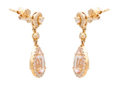 Lot 173 - A stunning pair of 18ct rose gold morganite and diamond set drop earrings.