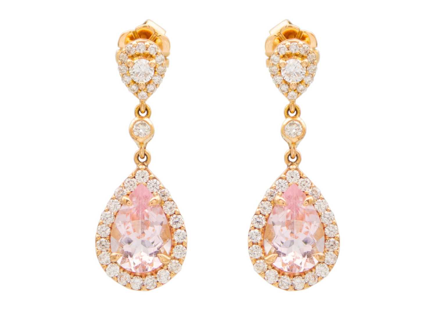 Lot 173 - A stunning pair of 18ct rose gold morganite and diamond set drop earrings.