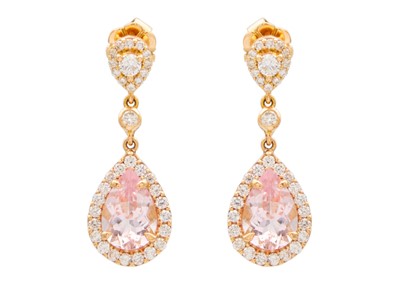 Lot 173 - A stunning pair of 18ct rose gold morganite and diamond set drop earrings.