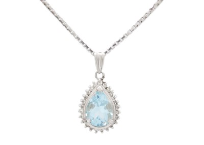 Lot 178 - A platinum pear-shaped aquamarine and diamond set pendant on a platinum chain.