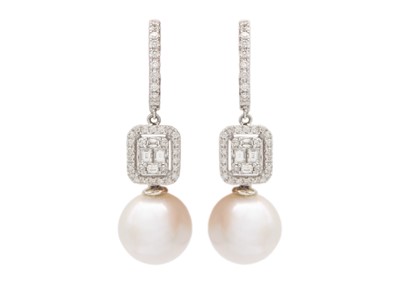 Lot 214 - An attractive pair of grey cultured and pearl and diamond set 18ct white gold pendant earrings.