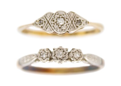 Lot 225 - Two 18ct and platinum diamond set three-stone rings.