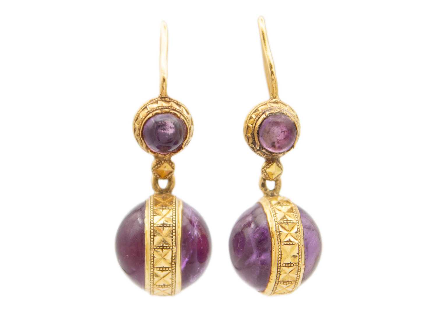 Lot 98 - A good pair of French Etruscan Revival 18ct spherical amethyst set pendant earrings.