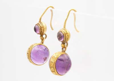 Lot 98 - A good pair of French Etruscan Revival 18ct spherical amethyst set pendant earrings.