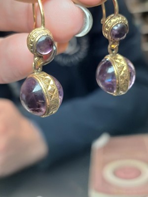 Lot 98 - A good pair of French Etruscan Revival 18ct spherical amethyst set pendant earrings.