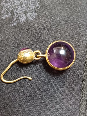 Lot 98 - A good pair of French Etruscan Revival 18ct spherical amethyst set pendant earrings.