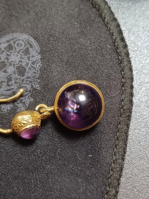 Lot 98 - A good pair of French Etruscan Revival 18ct spherical amethyst set pendant earrings.