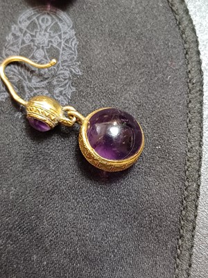 Lot 98 - A good pair of French Etruscan Revival 18ct spherical amethyst set pendant earrings.