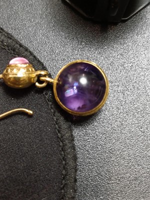 Lot 98 - A good pair of French Etruscan Revival 18ct spherical amethyst set pendant earrings.