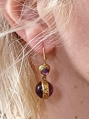 Lot 98 - A good pair of French Etruscan Revival 18ct spherical amethyst set pendant earrings.