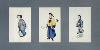 Lot 131 - A framed set of three Chinese portrait pith paper paintings, early 20th century.