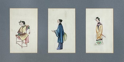 Lot 132 - A framed set of three Chinese portrait pith paper paintings, early 20th century.