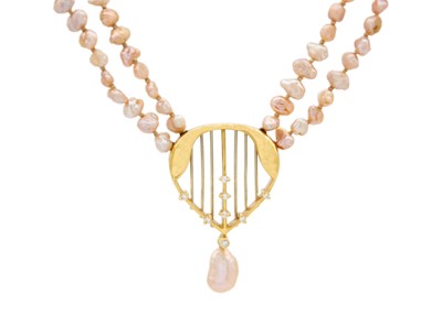 Lot 127 - An attractive freshwater pink pearl double-strand necklace with 18ct diamond set pendant.