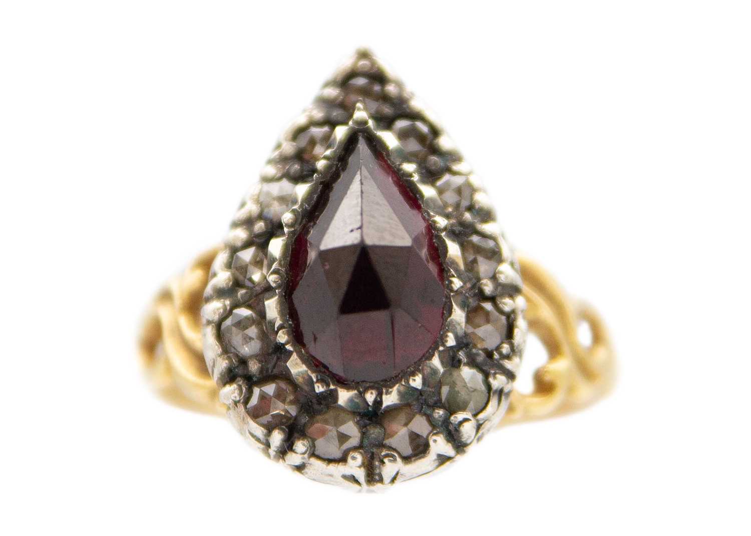 Lot 167 - A Georgian rose-cut, pear-shaped, rhodolite garnet and rose-cut diamond gold and silver cluster ring.