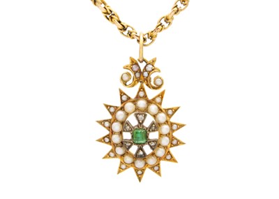 Lot 4 - A Victorian high purity gold (tests 15ct) diamond, emerald and split pearl demi-parure.