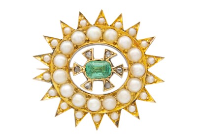 Lot 4 - A Victorian high purity gold (tests 15ct) diamond, emerald and split pearl demi-parure.