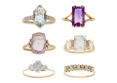 Lot 174 - A selection of six 9ct gem set rings.