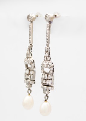 Lot 201 - A good pair of Art Deco platinum and diamond set pendant earrings with pearl drops.