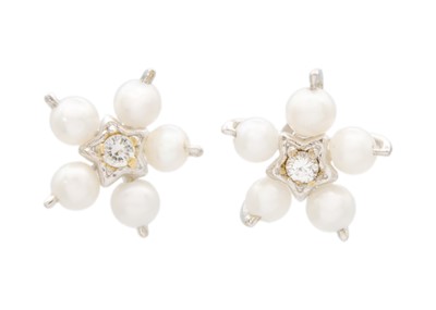 Lot 209 - A pair of 18ct white gold pearl and diamond cluster earrings.