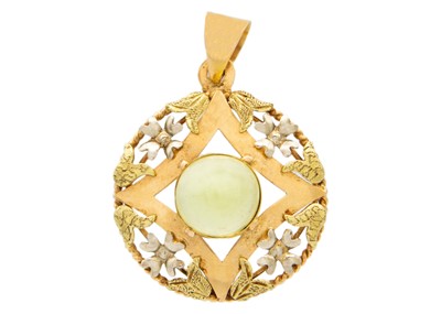 Lot 187 - An Italian 18ct tri-colour gold circular pendant with pale green paste cabochon stone.