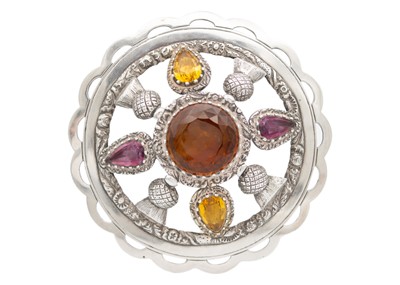 Lot 175 - A 19th-century Scottish large silver amethyst and citrine set kilt pin or plaid brooch.