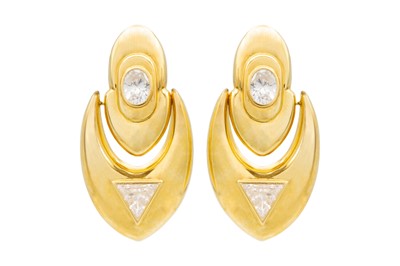 Lot 199 - A pair of 18ct Italian gold crystal set hinged earrings.