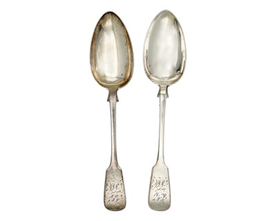 Lot 190 - A pair of Victorian Exeter silver fiddle pattern table spoons by John Stone.