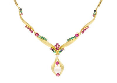 Lot 193 - A Balestra Italian gold (tests 18ct) diamond, emerald, pearl, ruby and sapphire set choker necklace.