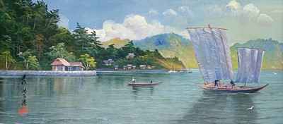 Lot 131 - A Chinese oil painting of a lake scene, early-mid 20th century.