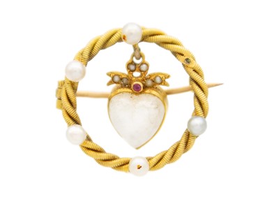 Lot 235 - A Victorian high-purity gold heart-shaped moonstone, ruby and seed pearl set brooch.