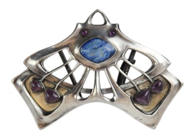 Lot 290 - A Secessionist 800 silver and gilt, enamel and purple paste set buckle.