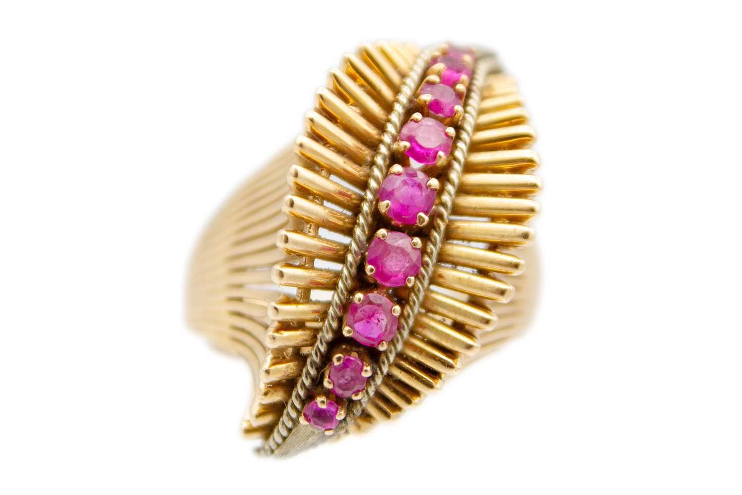 Lot 146 - A heavy 18ct rose gold (tested) ruby set 1950's dress ring.