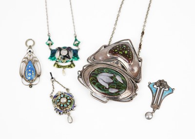 Lot 295 - A selection of five Art Nouveau silver and enamel pendants.