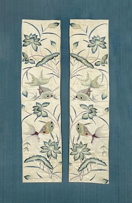 Lot 177 - A pair of framed Chinese silk embroidered sleeve panels, Qing Dynasty.